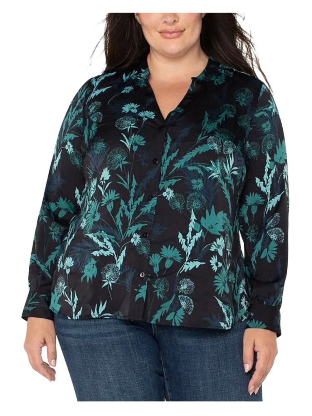 Liverpool Womens Malachite Foliage Print Button-Down Blouse Long-Sleeve Size 1X